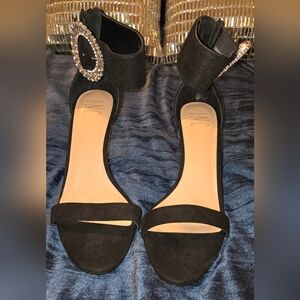 Black Suede Heels with Rhinestone Buckle